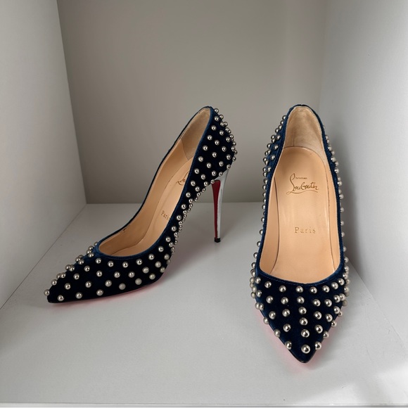 ❌SOLD❌ Christian Louboutin Billy Blue Velvet Studded Heels 37.5 - Picture 1 of 9